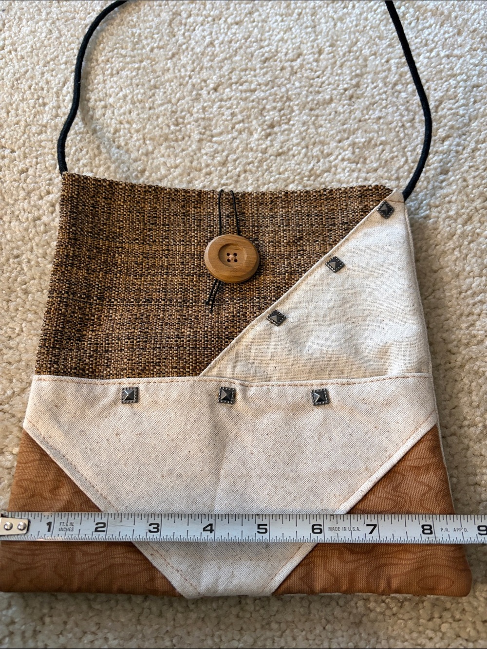 Handmade Boho Patchwork Crossbody Bag in Brown and Cream Tones with Studs - New - Picture 10 of 15